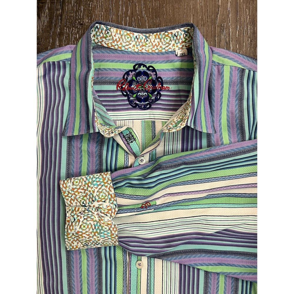 Robert Graham Blue Green Purple  Stripes /  Geometric Flip Cuff- Size 2XL - EUC